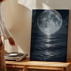 Full Moon Ocean Night Sky Canvas Wall Art Large Lunar Landscape Wall Decor Print