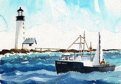 Halfway Rock Lighthouse Maine with Lobster Boat Matted Art Prints