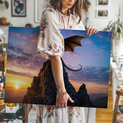 Majestic Dragon Stands On A Rocky Cliff, Silhouetted Against A Vibrant Wall Art