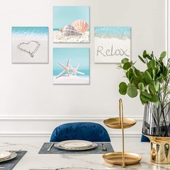 4 Pieces Wall Art Canvas Prints – Seashell Starfish and Beach Picture Paintin…
