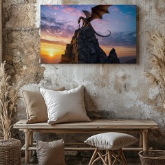 Majestic Dragon Stands On A Rocky Cliff, Silhouetted Against A Vibrant Wall Art