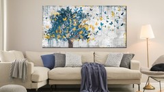 Large Canvas Wall Art – Blue Tree & Golden Butterflies, Abstract Grey Graffiti,