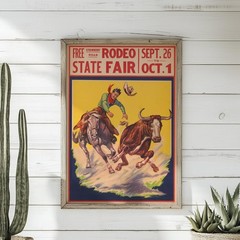 Vintage Rodeo Poster State Fair Steer Wrestling Art Western Cowboy Wall Decor