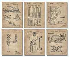 Railroad Train Patent Print Set 6 Vintage Art Prints 8×10 in. Locomotive Railway