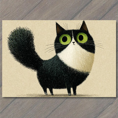 Art Print Big Eyed Black White Cat Cute Whimsical Animal