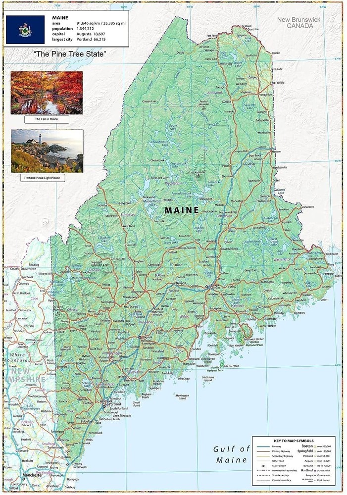 Maine Physical Map – 23.3 x 16.5 inches – Laminated