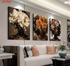 African American Women 3pcs Flowers, portraits, abstract, hair, peonies.- Canvas