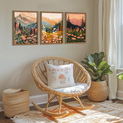 Boho Colorful Watercolor Mountain Posters Wall Art Set of 3 Wildflower Canvas Wa
