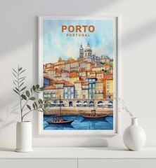 Porto Portugal Travel Poster – Retro Wall Art Featuring Colorful Riverside