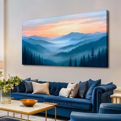 selatala Sunset Misty Forest Large Wall Art for Living Room 24″X48″, Blue Nat…