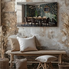 Stylish Contemporary Dining Room Featuring A Round Table Surrounded By Wall Art