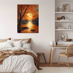 Autumn Moon Lake Reflection Canvas Wall Art, Fall Forest Landscape Home Decor