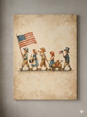 Vintage 4th of July Kids Parade Poster Americana Patriotic Children Wall Art Pri