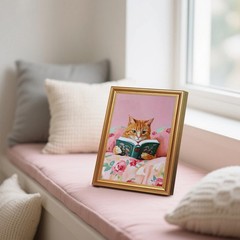 Gold Framed Wall Art Prints, Cute Orange Cat Reading a Green Book on Pink Flo…