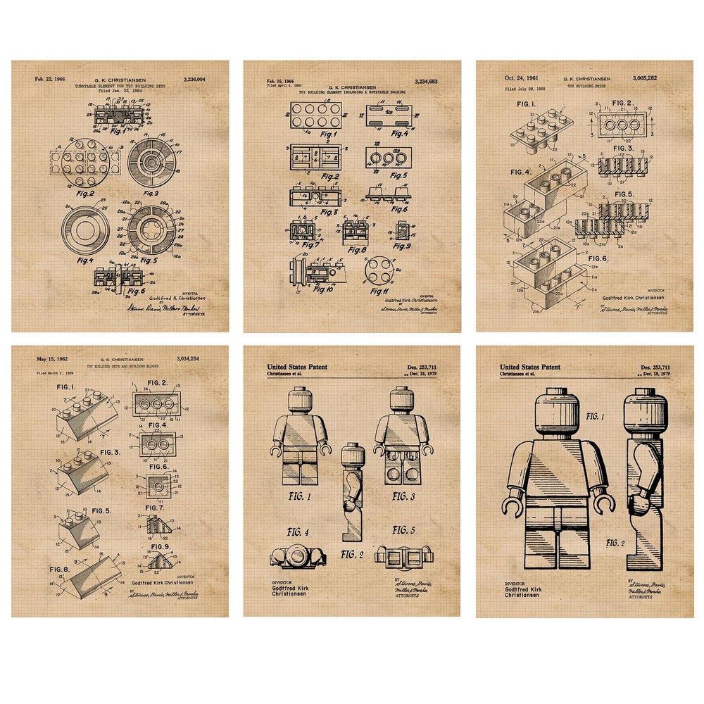 Interlocking Figure Patent Prints, 6 (8×10) Unframed Photos, Wall Art Decor f…