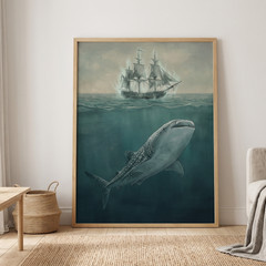 Whale Shark Poster Ghost Pirate Ship Wall Art Ocean Nautical Vintage Print