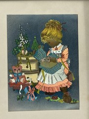 Vintage Christmas Foil Art Print Girl Teddy Bear Cat Framed Holiday Wall Decor