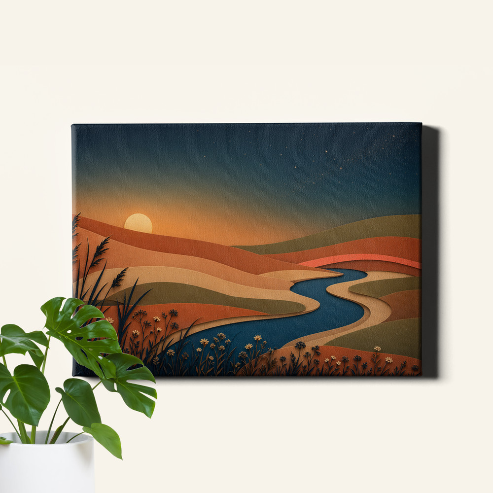 Layered paper cut dusk river landscape Canvas Art modern scenic view
