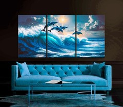 Blue Wave Wall Art, 3-Panel Canvas, Ocean Decor, Large Modern Dolphin Wall Art