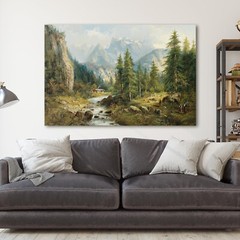 Vintage Rustic Mountain Landscape Forest Cabin Decor Canvas Wall Art Print