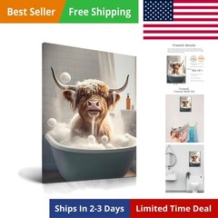 Bathroom Wall Art, 12x16in Highland Cow Wall Decor,Waterproof Wood Framed Can…