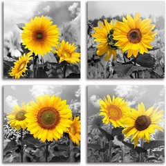 Rustic Floral Wall Art – 4 Panels Sunflower Watercolor Canvas, Waterproof Finish