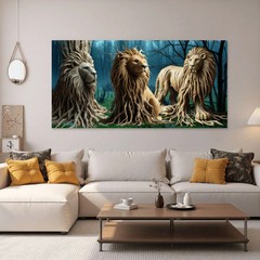Large 60″X30″ Canvas Wall Art, Lions Made of Tree Roots, Oddities Print. (USA)