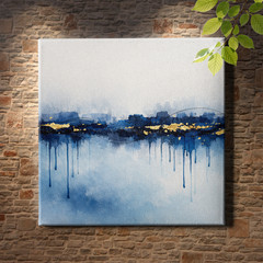 Blue gold horizon abstract Wall Art metallic scraped streaks in mist