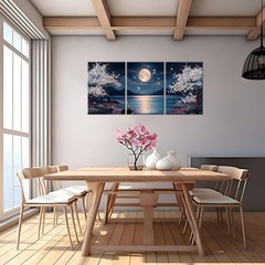 3 piezas de lienzo con diseño de flor de cerezo, luna y lago, arte pared 12 x 16