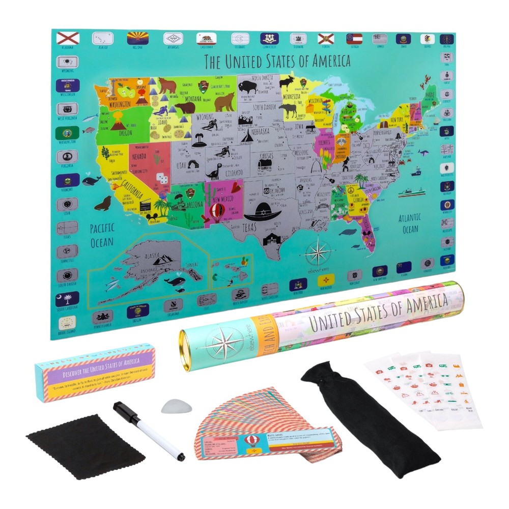 Kids Scratch Off USA Map Poster 24×17 Educational Laminated Learning Gift Bundle