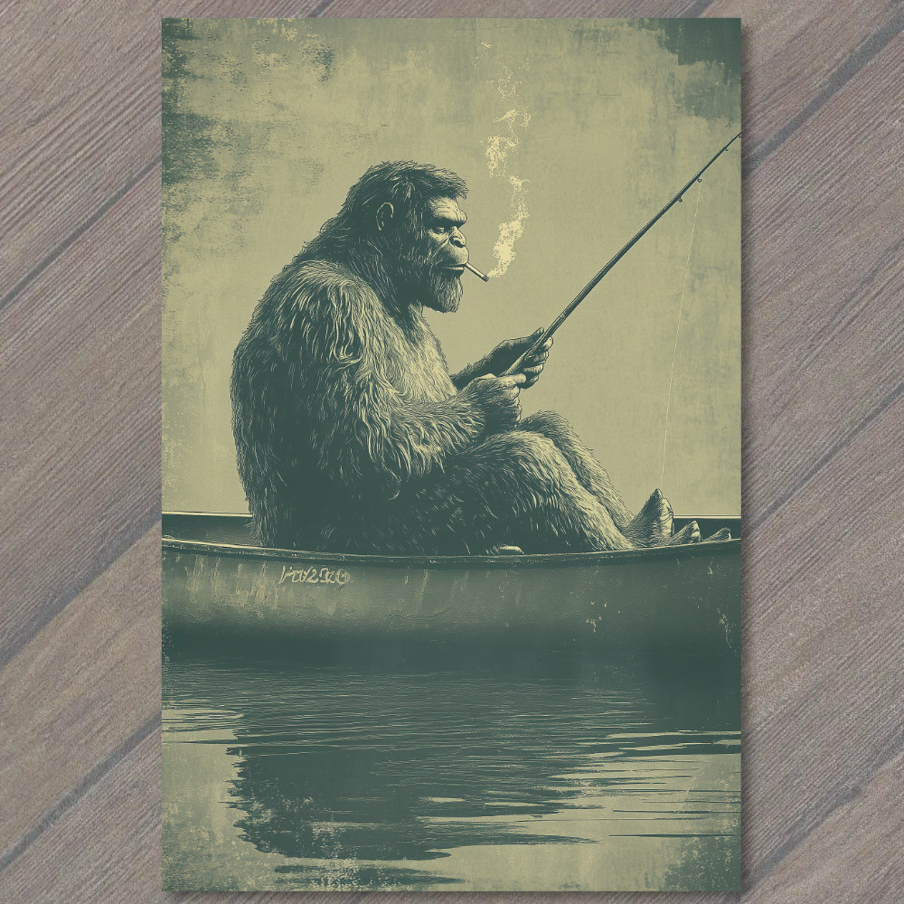 Art Print Bigfoot Canoeing Smoking Boat Fishing Wilderness Retro Funny