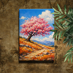 Cherry Blossom Tree Vibrant Pink Flowers Blue Sky Mountain Framed Canvas Art
