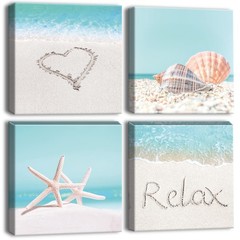 4 Pieces Wall Art Canvas Prints – Seashell Starfish and Beach Picture Paintin…