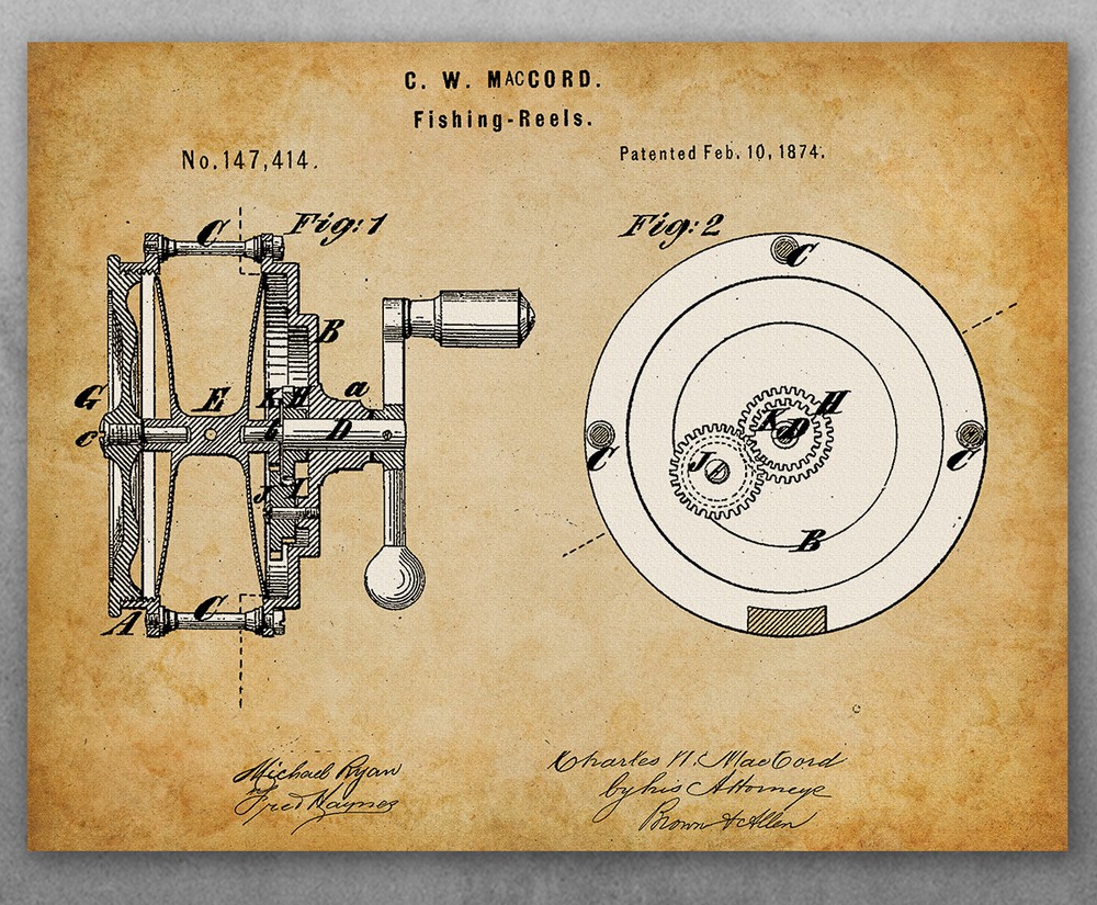 Poster – Fishing Reel Patent – Choose Unframed Poster or Canvas