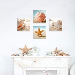 Elegant Beach Seashell Canvas Art: Coastal 4-Panel Wall Décor for Bathrooms