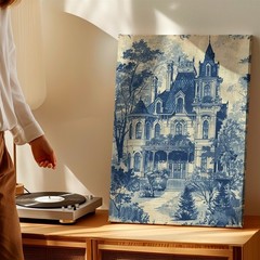 Wall Art Gothic Victorian Mansion Print Blue Toile Style House Landscape Decor