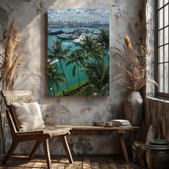 Miami Skyline And Marina Canvas Wall Art With Tropical Palm Trees Print Home