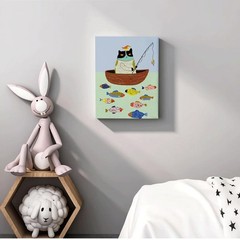 Whimsical Cat Wall Art, Playful Animal Canvas Painting, Cute Fishing Cat with…