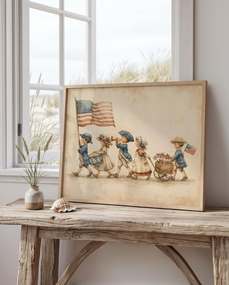 Vintage Patriotic Children Parade Wall Art, Farmhouse Decor, 4th of July Poster