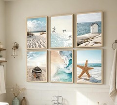 6 Pcs Coastal Poster Wall Art,Seaside Wave Beach Painting Picture Wall Decor,…