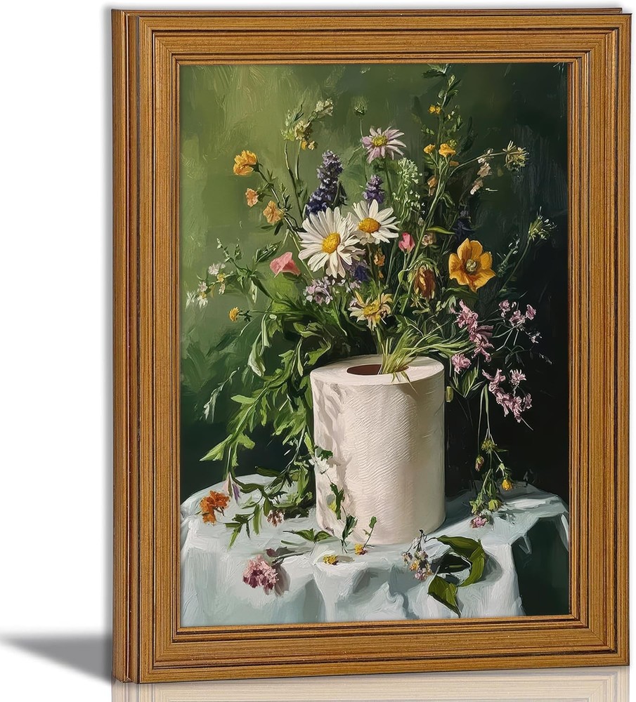 Vintage Gold Framed Bathroom Canvas Wall Art,Roll Floral Prints, Moody Green …