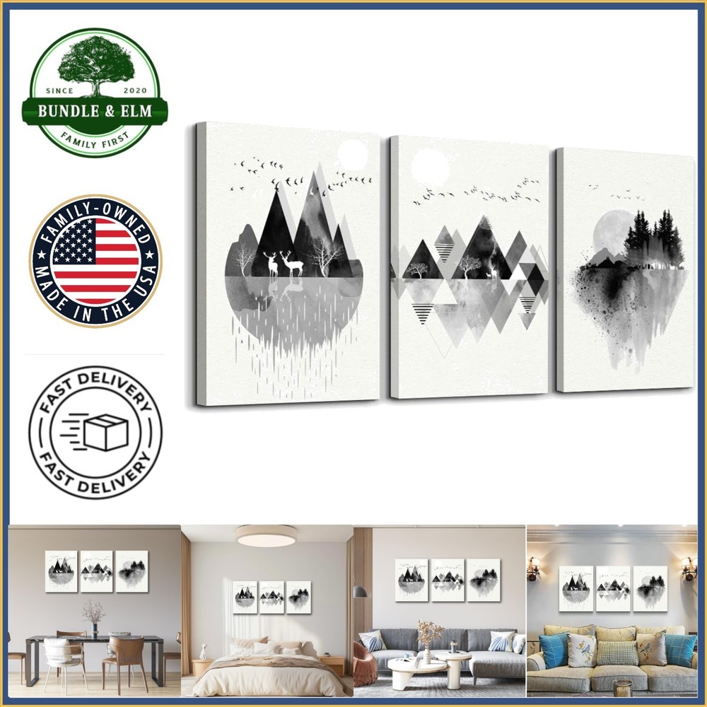 3 Piece Black and White Geometric Wall Art for Living Room Decoration