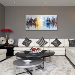 Stunning Hand-Painted Abstract Cityscape Oil Painting 48×24 – Art Deco Elegance