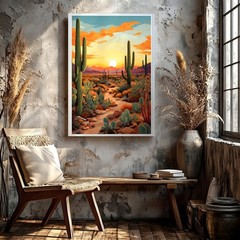 Wall Art Desert Sunset Landscape Print Cactus Southwest Poster Mountain Decor