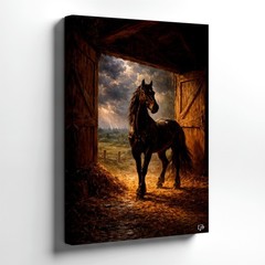 Wall Art Black Horse in Barn Rustic Farm Animal Canvas Print Country Home Decor