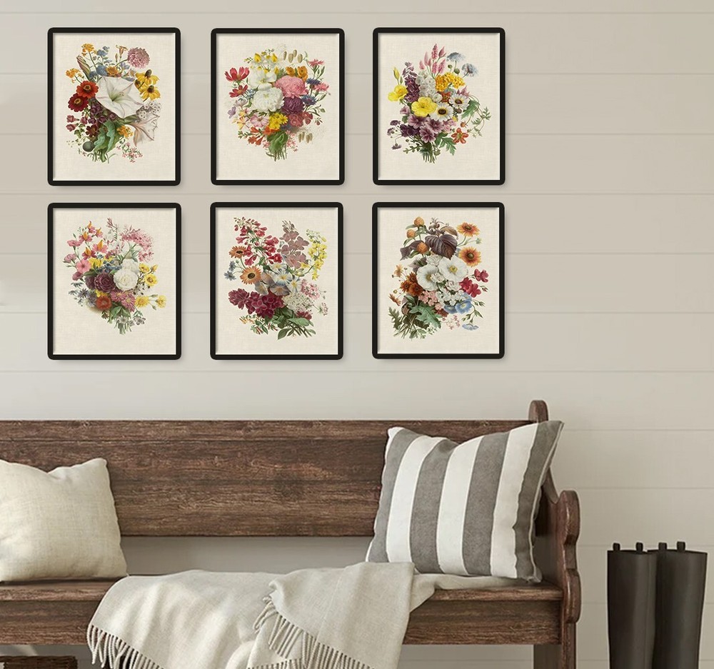 Vintage French Botanical Boquet Print Set Flower Floral Wall Art Prints Set of 6