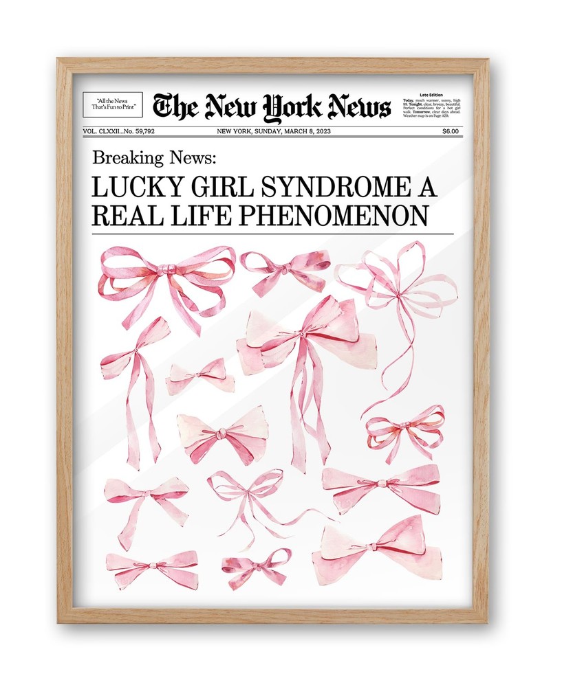Natural OAK Wood Trendy Retro Newspaper Framed Wall Art, 12×16 in Pink Bow Ba…
