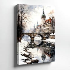 Wall Art Winter European Cityscape Canvas Print Snowy Bridge River Reflection