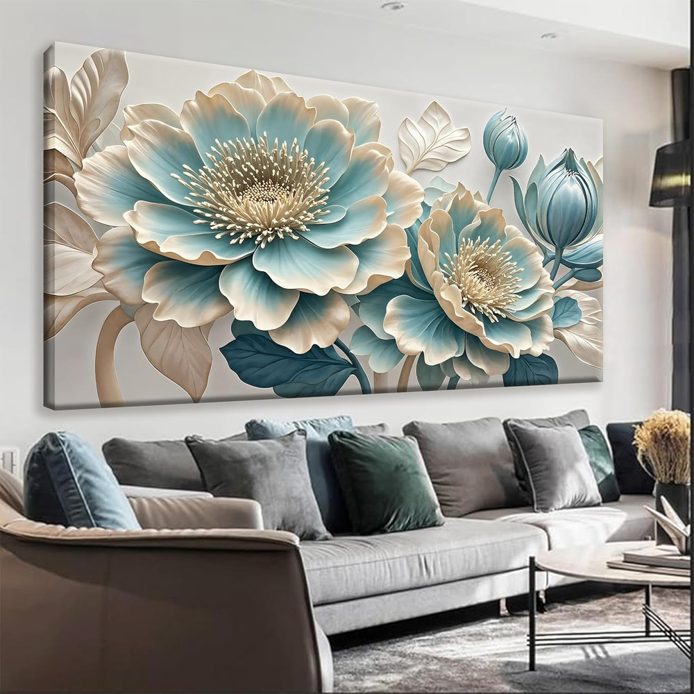 Blue and White Floral Canvas Wall Art – Ready to Hang 20″ x 40″ Decor