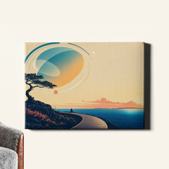 Geometric coastal landscape with elliptical halo Poster Print